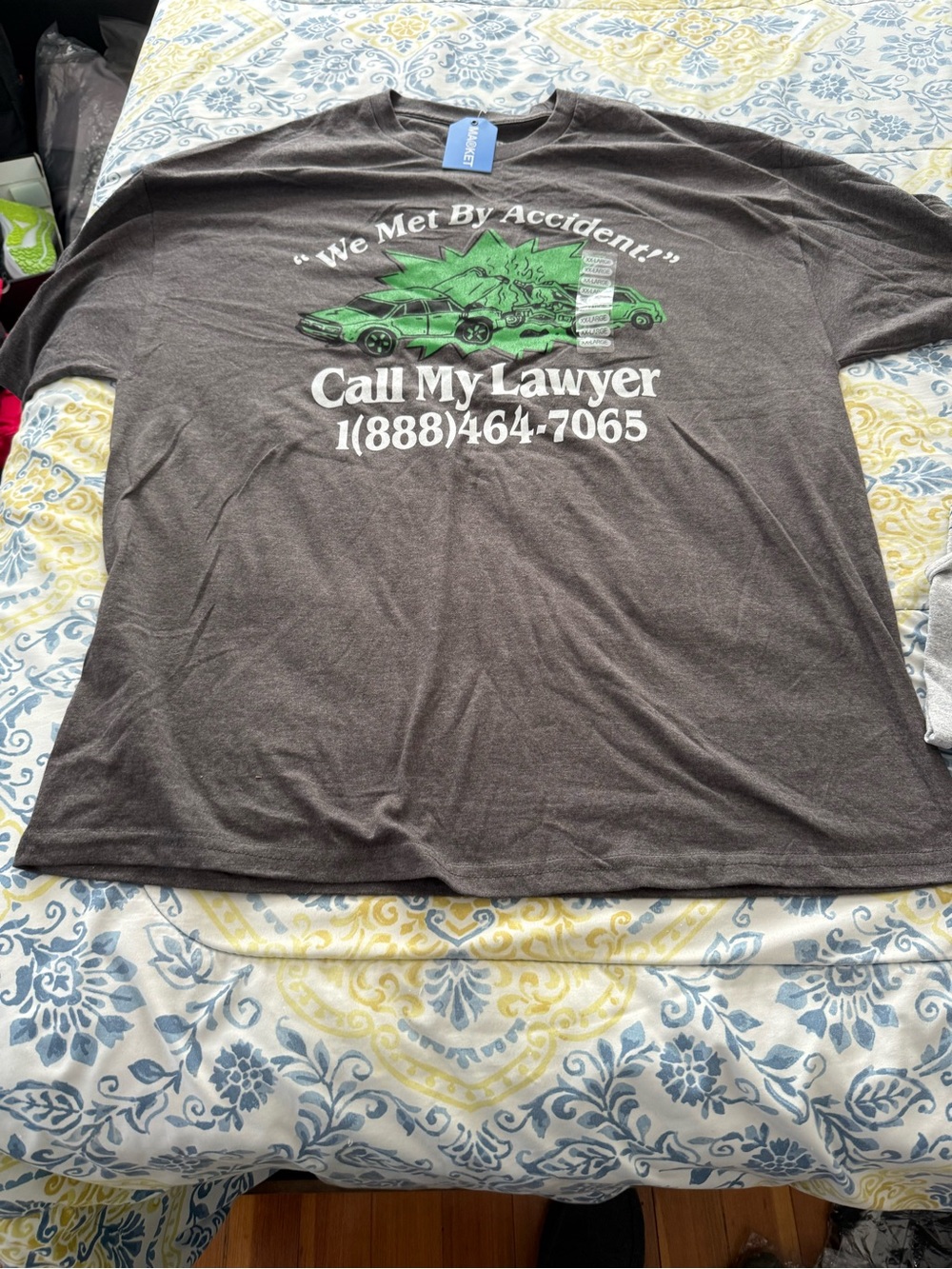 Market Studios Mens Call My Lawyer Graphic Tee in Dark Gray with Green Print